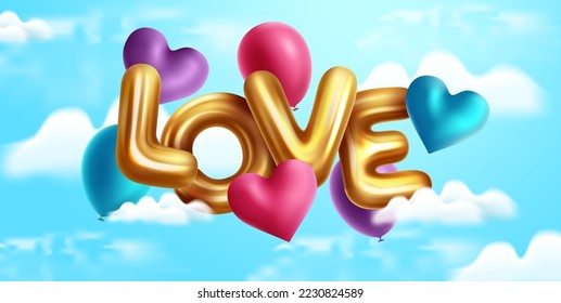 El diseño vectorial de los globos de amor. Día de San Valentín con globos flotantes metálicos de amor con fondo azul del cielo para la celebración del día del corazón. Ilustración vectorial.
