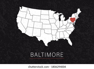 Love Baltimore Picture. Map of United States with Heart as City Point. Vector Stock Illustration