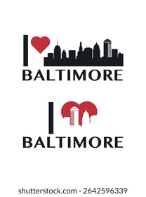 I love Baltimore vector art, badge, tag, icon, logo concept. USA, Maryland state city landmarks and heart isolated image layout for print, image, card