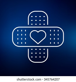 Love Bandaid Icon. Plaster Heart Sign. Bandage Care Symbol. Thin Line Icon On Blue Background. Vector Illustration.