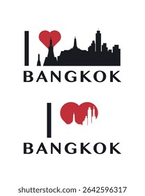 I love Bangkok vector art, badge, tag, icon, logo concept. Thailand city landmarks and heart isolated image layout for print, image, card