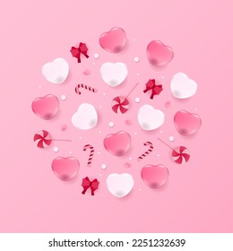 Love banner concept. Heart balloon, candy, and ribbon in round shape on pink background.