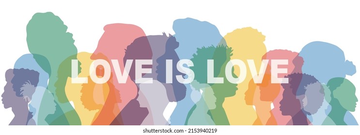 Love Is Love Banner. Different People Stand Side By Side Together. Flat Vector Illustration.