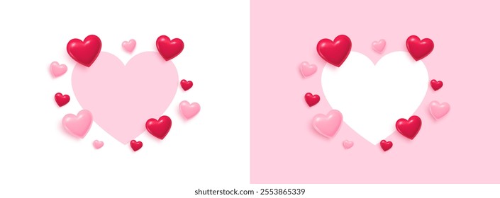 Love banner with flying 3d hearts. Valentines day greeting card. Happy mothers, fathers day template. Love background with 3d flying hearts. Wedding banner template. Vector illustration.