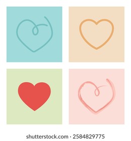 Love banner with four colorful iconic hearts designs over squares. Minimalist and multipurpose vector flat design ready for love events like weddings, valentine's day or dating business.