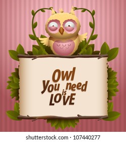 Love banner with funny owl, vector 01