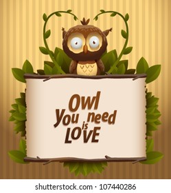 Love banner with funny owl, vector 02