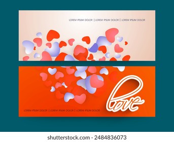 Love Banner or Header Design with Falling Colorful Hearts in Two Color Options.