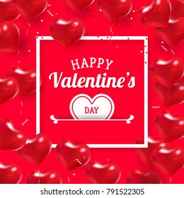 Love banner with heart balloons pattern on red background. Text Happy Valentine's Day. Vector holiday card graphic design with simple forms in realistic style. Good for invitation poster and card
