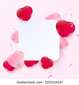 Love banner. Heart helium balloon and white banner with a confetti on pink background.