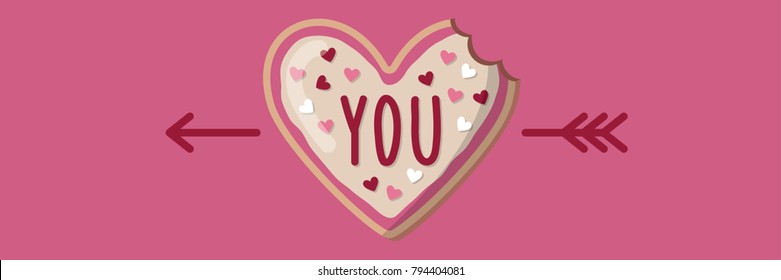 Love banner with heart shape bitten cookie and arrow. Valentine day concept