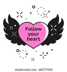 Love banner with heart, wings and stars on white background. Text phrase Follow Your Heart. Vector wedding or Valentines card graphic design with simple flat geometric forms for invitation poster