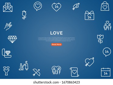 Love Banner With Line Icons on Blue Background. Minimal Design Vector Illustration