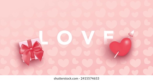 Love banner with pink bow gift box and pink heart arrow and calligraphic lettering. Realistic Valentine's Day template vector illustration for poster, template, sale, promo, discount, social media, ad