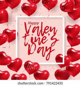 Love banner with red balloon hearts on pink background. Text Happy Valentine's Day. Vector holiday card graphic design with simple forms in realistic style. Good for invitation poster, greeting card