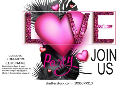 LOVE BANNER WITH TROPICAL LEAVES AND HEARTS. Vector illustration