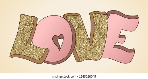 Love banner vector. Hand drawn. Design for wedding. February 14. Heart. Valentine's day greeting card. Gold and pink colors. Glitter texture