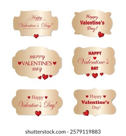 Love banners set, stickers with Valentine's Day greeting, congratulations. Gold frame with heart.	