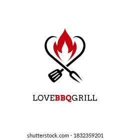 Love barbecue logo design. Heart, fire, spatula and fork shape. Simple flat BBQ food logo template in red and black color