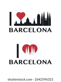 I love Barcelona vector art, badge, tag, icon, logo concept. Spain city landmarks and heart isolated image layout for print, image, card