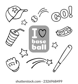 I Love Baseball. Doodles Set. Collection of hand drawn black doodles isolated on white background. Vector Illustration. EPS10