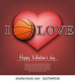 I love basketball. Happy Valentines Day. Pattern with basketball ball and heart on isolated background. Design template for greeting card, banner, poster, flyer, badges, t-shirt. Vector illustration