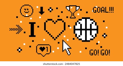 Love basketball pixel art 8 bit design. Sport banner concept. Composition with ball, heart, text Goal. Pixels Y2k trendy playful sticker. Mood of 90's aesthetics. Simple geometric form