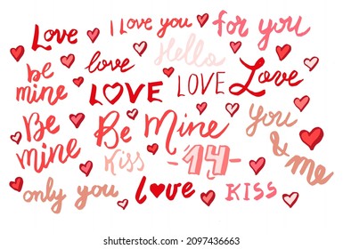 Love, be mine, kiss, only you, 14, for you vector lettering. Hand written greeting card template for Valentine's day. Modern calligraphy, hand lettering inscription. Isolated typography print.