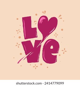 Love. Be my Valentine. Vector heart illustration on beige background. Hand drawn text for Valentines Day greeting card. Typography design for print cards, banner, poster.
