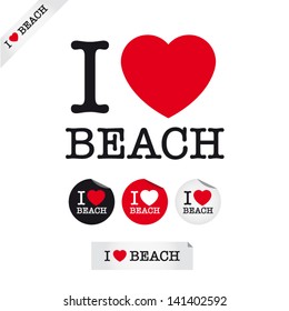 i love beach, font type with signs, stickers and tags. Ideal for print poster, card, shirt, mug.