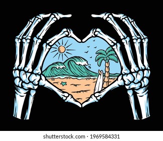 Love beach in skull hand illustration