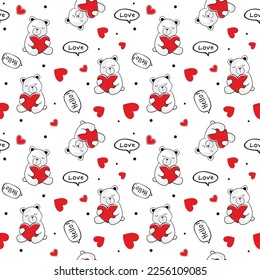 Love, bear, hello and hearts seamless pattern for valentine day decoration. Creative  texture for fabric, wrapping, textile, wallpaper, apparel. Repeatable vector illustration. 
