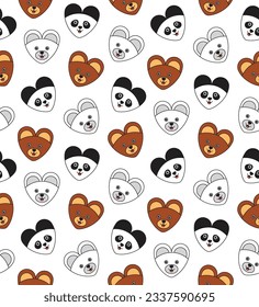 Love bear, honey bear, polar bear and panda shaped like a heart symbol. kawaii animal kids seamless pattern design for wrapping paper, fabric and textile.