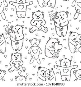 Love bears seamless pattern in contour style. Cute background for Valentine's Day or wedding. Endless texture for wallpaper, web pages, wrapping paper, postcards, coloring book. Vector.