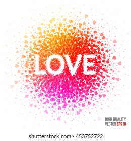 Love beautiful design element for greeting card template layout with hearts, particles and artistic explosion effect for party, holiday, festival and celebration concept. Red, yellow vector.