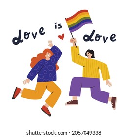 Love is love. Beautiful lesbian couple. LGBT, tolerance, freedom and pride. Cool flat vector image