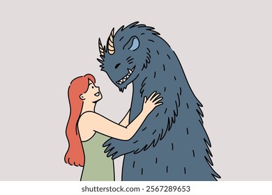 Love of beauty woman and beast from children fairy tale, for concept of close relationship with werewolf. Beauty girl and beast embrace with sympathy, looking into each other eyes.