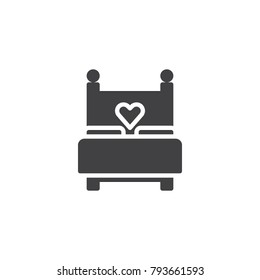 Love bed with heart icon vector, filled flat sign, solid pictogram isolated on white. Sex, making love symbol, logo illustration.