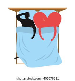 Love in bed. Lovers in bed top view. Man and heart lie in bed. Smoking after sex. Heart- symbol of love. Pillow and blanket. Smoking  cigarette after making love. Blue Bedding. Romantic illustration