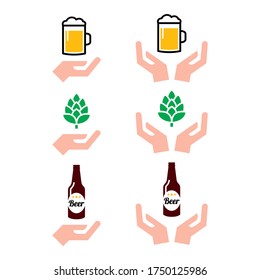 Love beer bottle and glass, hops with hands icons set - alcohol drink, craft beer design. Drinking beer, pub, brewery concept - color icons set isolated on white
  