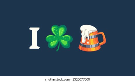 I love beer rebus with clover and beer symbols on dark background. Vector illustration.