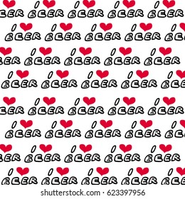 I love beer. With red heart. Vector background. Pattern.
