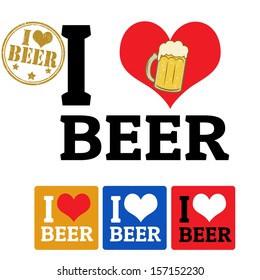 I love Beer sign and labels on white background, vector illustration
