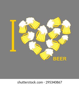 I love beer. Symbol heart of  steins of malt. Vector illustration for lovers of alcohol foam. 