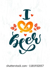 I love beer vector typography illustration for beer festival for greeting card, invitation, banner, poster, pack, sticker, t-shirt print. Oktoberfest design elements, handwritten lettering. EPS 10.