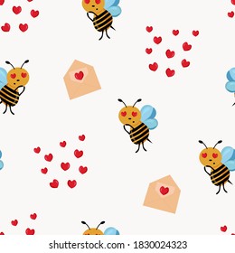 Love bees and heart seamless pattern. Vector