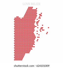 Love Belize. Country map made up of heart icons.