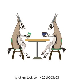 Love between Antelopes drinking coffee in Cartoon style, vector Gazelles having meet on white isolated background for prints, patterns, stickers, icons, postcards, elements of design for webs, apps.