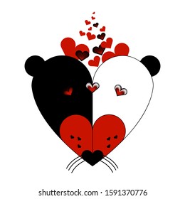 Love between Caucasian/European and African American. Happy Valentine's day. The 14th of February. Heart made up of 2 rat faces.  Stock illustration