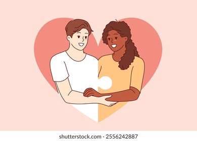 Love between diverse couple and with man and woman holding hands and consisting of puzzle pieces. Multiracial love or romantic relationships through mutual understanding or equality 